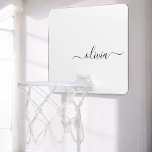 Black White Modern Script Girly Monogram Namn Mini-Basketkorg<br><div class="desc">Svartvitt enkelt skript Monogram Namn Mini Basketball Ring. Det gör perfekten söt 16-årsjubileum,  bröllop,  möhippa,  årsdag,  babydusch eller bachelorette-fest för någon som glam lyxen och chic stilar i kärlek.</div>
