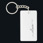 Black White Modern Script Girly Monogram Namn Nyckelring<br><div class="desc">Nyckelkedja för svartvit,  enkelt skript,  Monogram Namn. Det gör perfekten söt 16-årsjubileum,  bröllop,  möhippa,  årsdag,  babydusch eller bachelorette-fest för någon som glam lyxen och chic stilar i kärlek.</div>