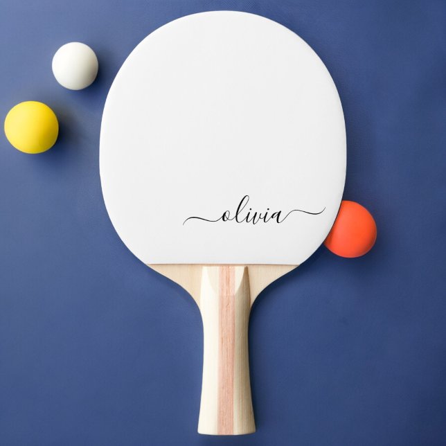 Black White Modern Script Girly Monogram Namn Pingisracket (Skapare uppladdad)