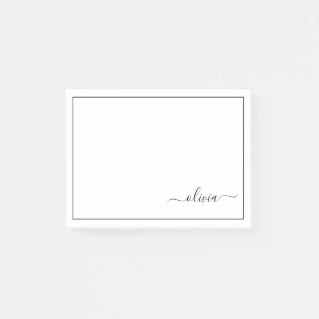 Black White Modern Script Girly Monogram Namn Post-it Block (Framsida)