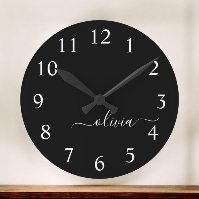 Black White Modern Script Girly Monogram Namn Stor Klocka (Skapare uppladdad)