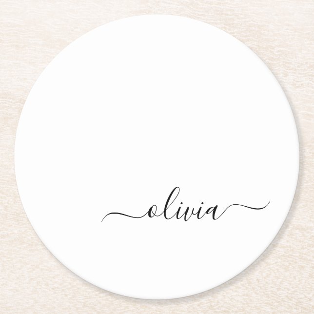Black White Modern Script Girly Monogram Namn Underlägg Papper Rund (Framsidan)