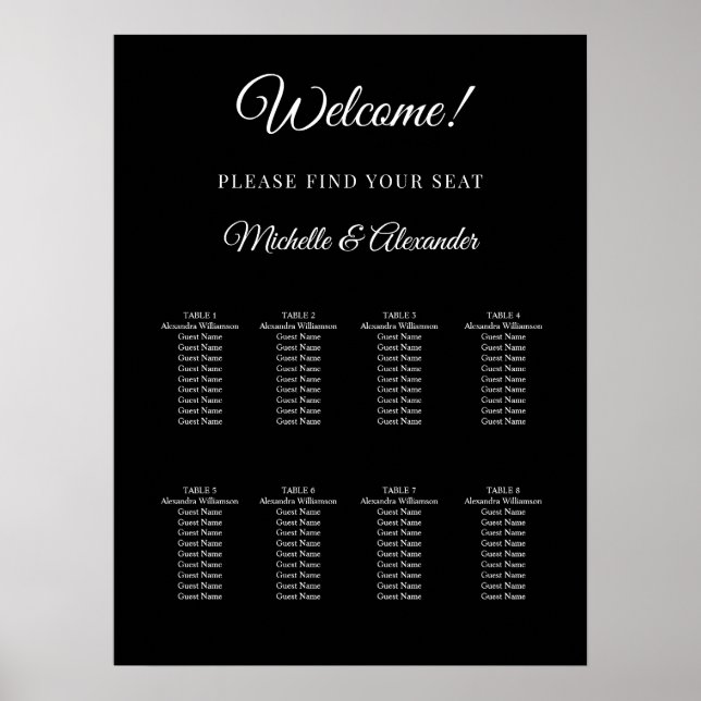 Black white modern script wedding seating chart poster (Framsidan)