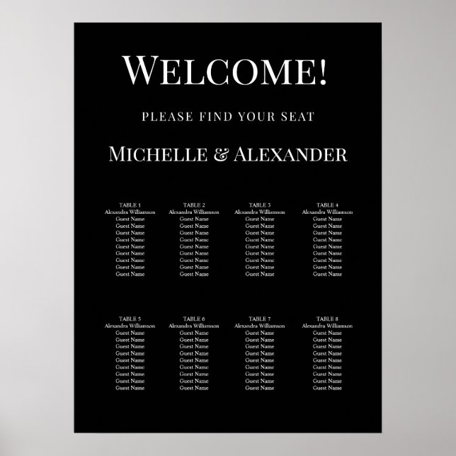 Black white modern simple wedding seating chart poster (Framsidan)