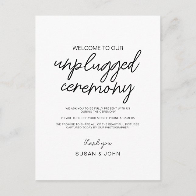 Black & White Modern Unplugged Wedding Sign  Vykort (Framsida)