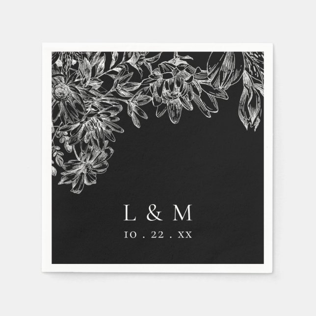 Black White Monogram Blommigt Bröllop Napkins Pappersservett (Framsidan)