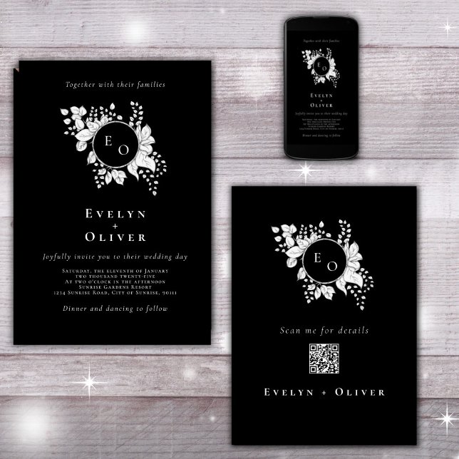 Black White Monogram Blommigt QRCode Elegant bröll Inbjudningar (Skapare uppladdad)