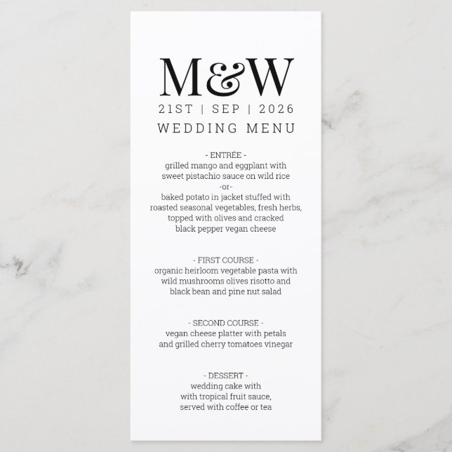 Black White Monogram Bröllop Meny (Framsida)