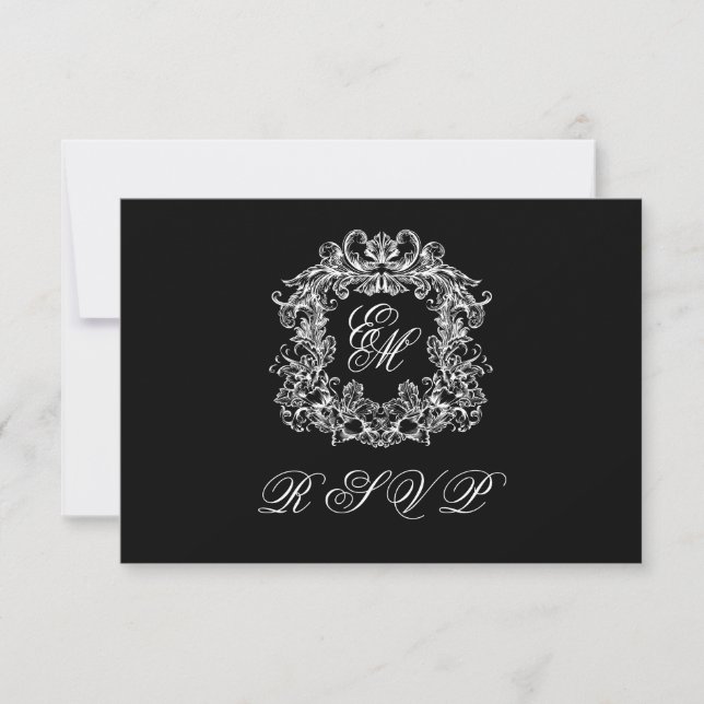 Black White Monogram Crest Elegant Wedding OSA Kort (Framsida)