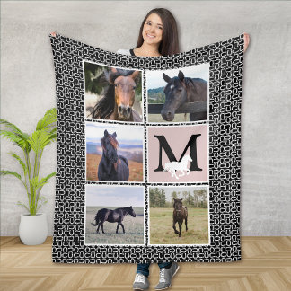 Black White Monogram Horse Photo Fleecefilt