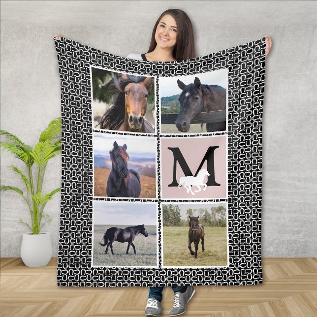 Black White Monogram Horse Photo Fleecefilt (Skapare uppladdad)