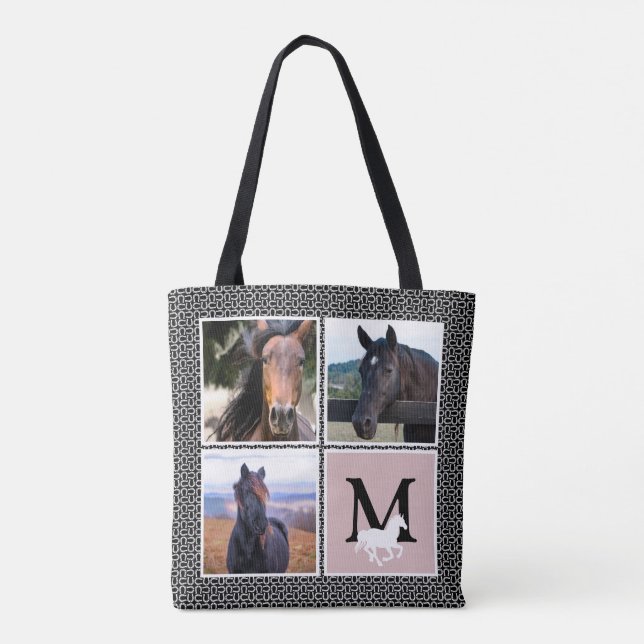Black White Monogram Horse Photo Tygkasse (Baksida)