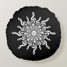 Black White Monogram Ornamental G-Clefs Snowflake Rund Kudde