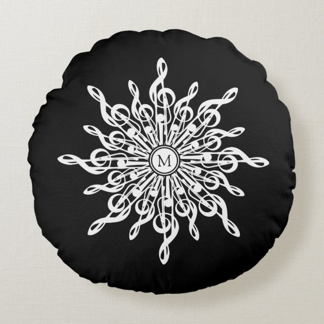 Black White Monogram Ornamental G-Clefs Snowflake Rund Kudde (Framsidan)