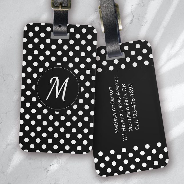 Black White Monogram Polka dots Bagagebricka (Skapare uppladdad)