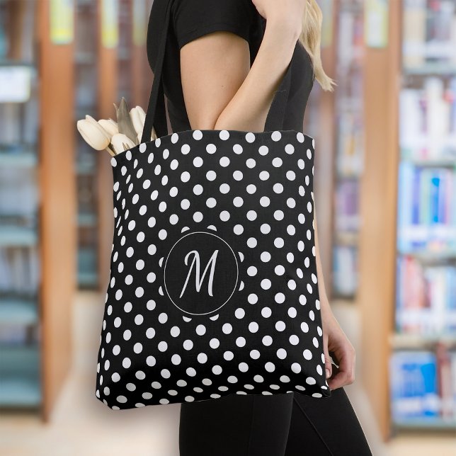 Black White Monogram Polka dots Tygkasse (Skapare uppladdad)