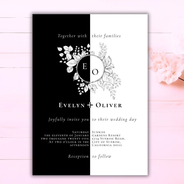 Black White Monogram Vapensköld Elegant Blommigt B Inbjudningar (Skapare uppladdad)