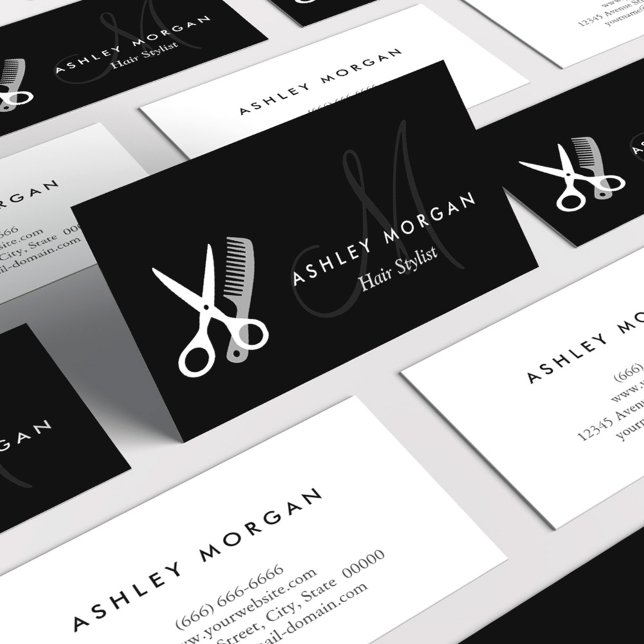 Black White Monogrammed - Hair Salon Hairstylist Visitkort (Skapare uppladdad)