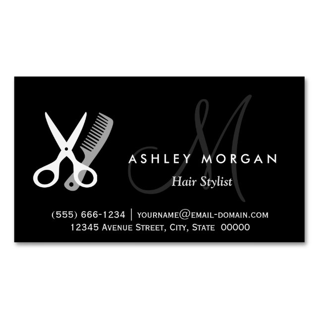 Black White Monogrammed - Hair Salon Hairstylist Visitkortmagnet (Framsida)