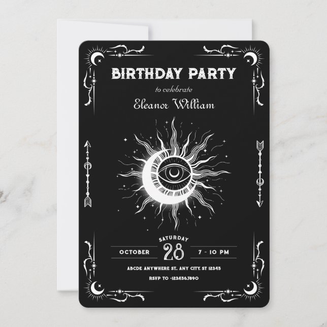 Black white moon sun tarot celestial birthday inbjudningar (Framsida)