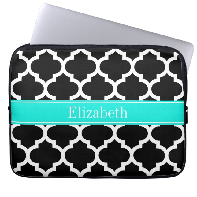 Black White Moroccan #5 Brt Aqua Namn Monogram Laptop Fodral (Framsidan)