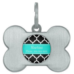 Black White Moroccan #5 Brt Aqua Namn Monogram Namnbricka Husdjur