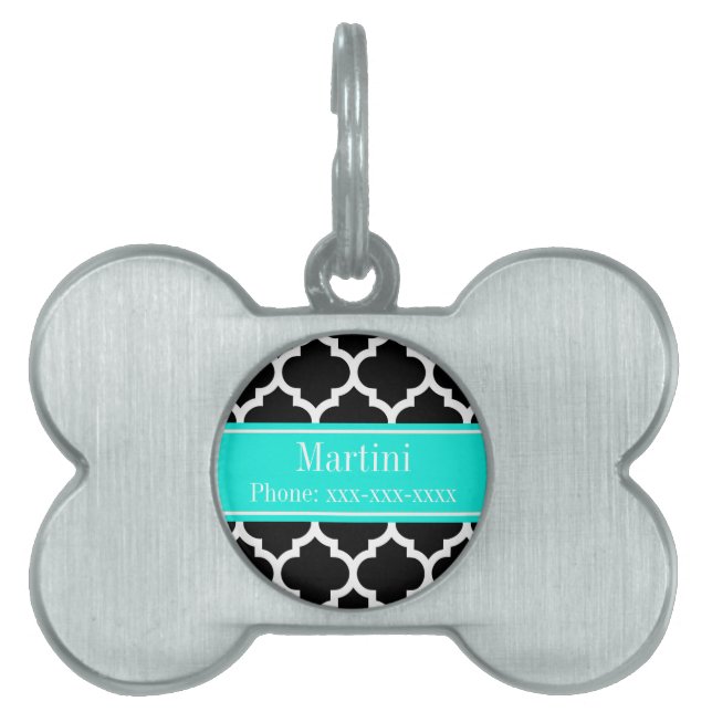 Black White Moroccan #5 Brt Aqua Namn Monogram Namnbricka Husdjur (Framsidan)