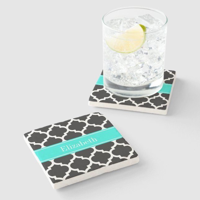 Black White Moroccan #5 Brt Aqua Namn Monogram Stenunderlägg (Sidan)
