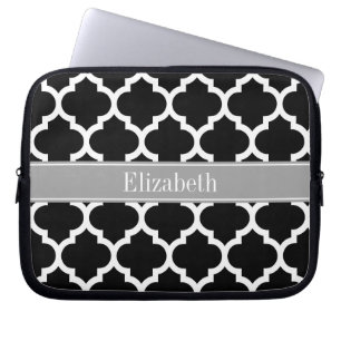 Black White Moroccan #5 Mörk Grått Namn Monogram Laptop Fodral