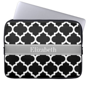 Black White Moroccan #5 Mörk Grått Namn Monogram Laptop Sleeve