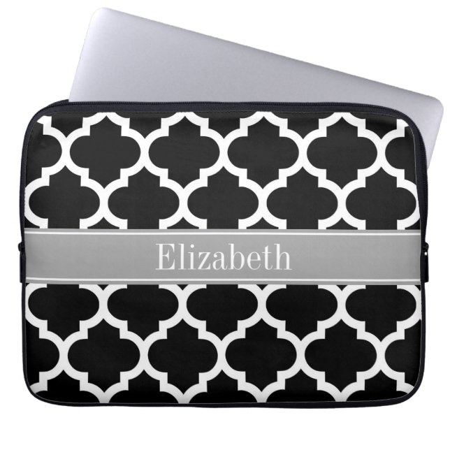 Black White Moroccan #5 Mörk Grått Namn Monogram Laptop Sleeve (Framsidan)