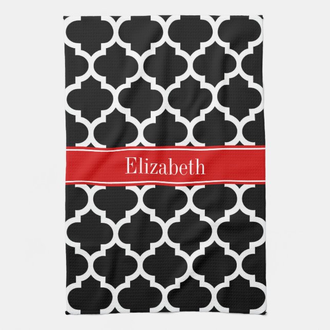 Black White Moroccan #5 Red Namn Monogram Kökshandduk (Vertikal)