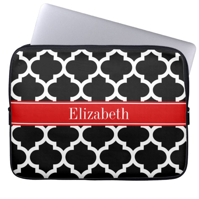 Black White Moroccan #5 Red Namn Monogram Laptop Fodral (Framsidan)