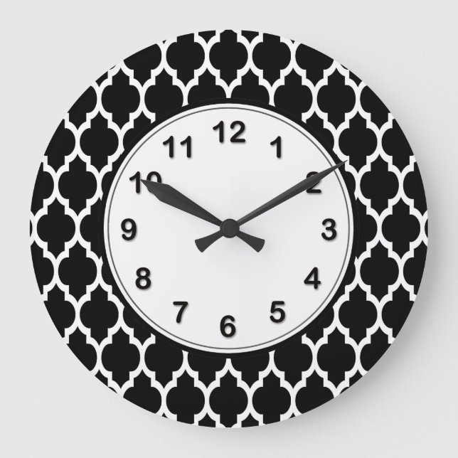 Black White Moroccan Quatrefoil Mönster #4 Stor Klocka (Framsida)