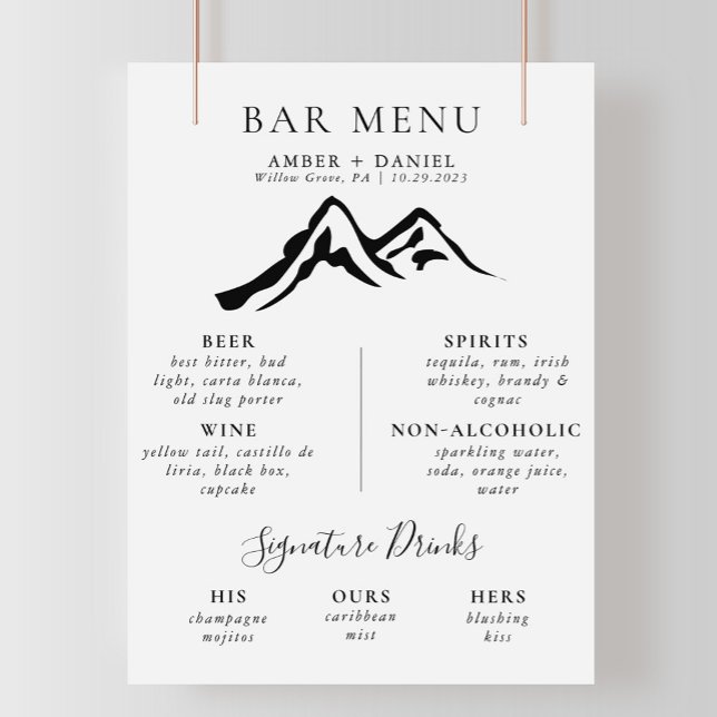Black White Mountain Calligraphy Bröllop Pub Menu Poster (Skapare uppladdad)