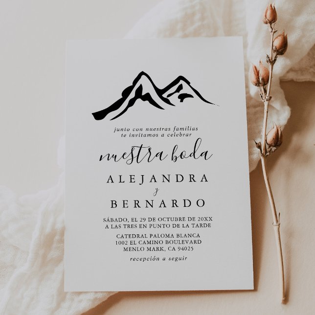 Black White Mountain Calligraphy Nuestra Boda Inbjudningar (Skapare uppladdad)