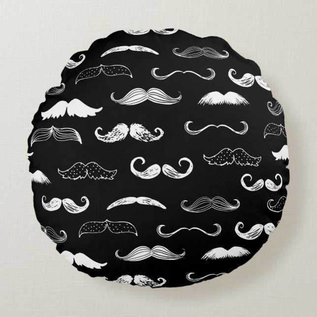 Black & White Moustache Seamless Repeat Background Rund Kudde (Framsidan)