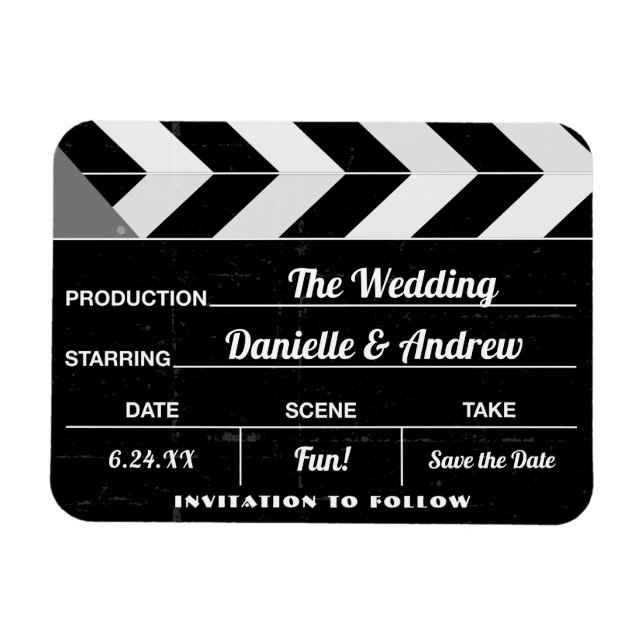 Black White Movie Clap Board Bröllop spara datum Magnet (Horisontell)