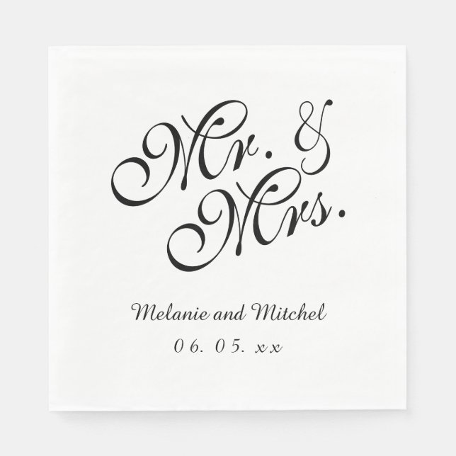 Black White Mr och Mrs. | Bröllop Pappra Napkins Pappersservett (Framsidan)