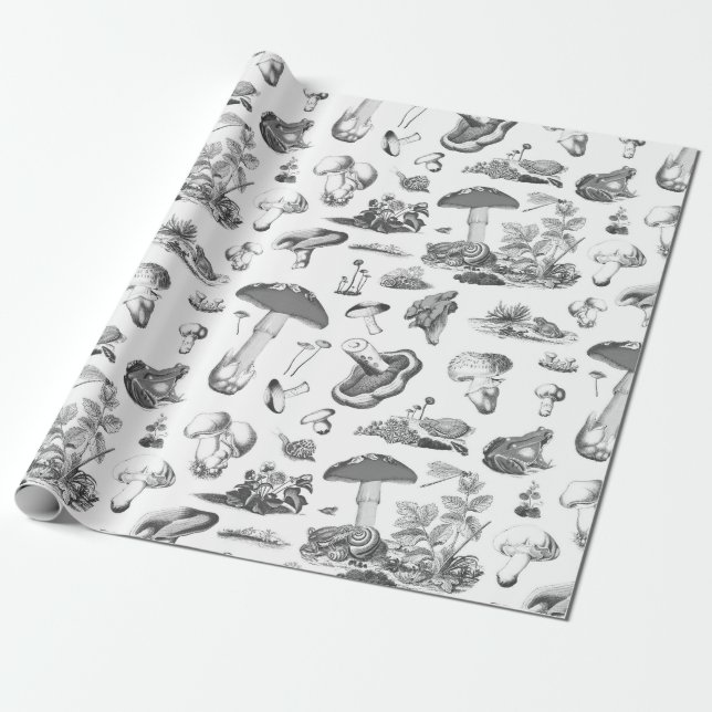 Black White Mushroom Frog Snigel Forest Mönster Presentpapper (Utrullad)