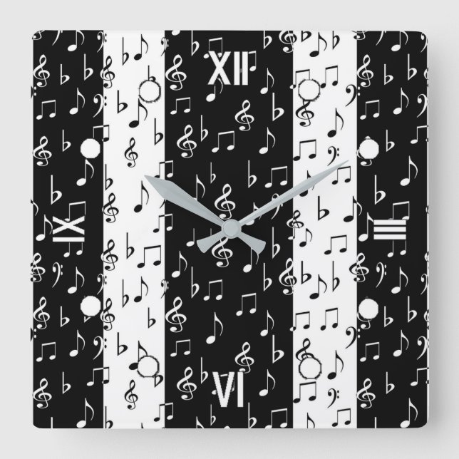Black & White Musical Rand Wall Clock Fyrkantig Klocka (Framsida)