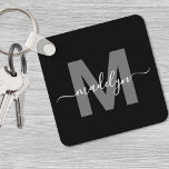 Black White Namn Monogram Nyckelring<br><div class="desc">Skapa din egen Snyggt, Modern Anpassningsbar Black and White Monogram Square Keychain. Den här eleganta nyckelkedjan med kvadratiska nycklar gör att du får en modern och personlig beröring till dina vardagsbehov. Utformningen har ett fet grått monogram som inledningsvis är centrerat på en solid svart bakgrund, med ditt namn i ett...</div>