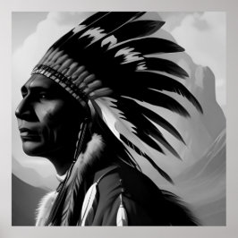 Black White Native Indian Man Monochrome Poster