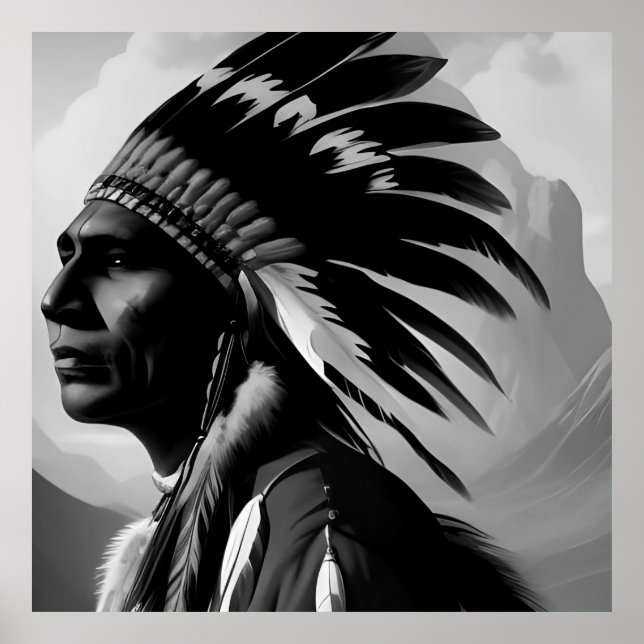 Black White Native Indian Man Monochrome Poster (Framsidan)