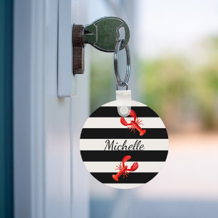 Black White nautical rand Red lobsters monogram Nyckelring
