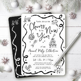 Black White New Year Cheer Hand Drawn Doodle Party Inbjudningar