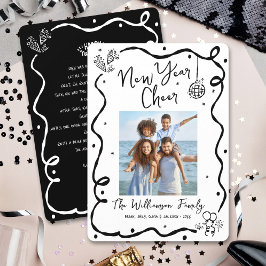 Black White New Year Cheer Photo Hand Drawn Doodle Julkort