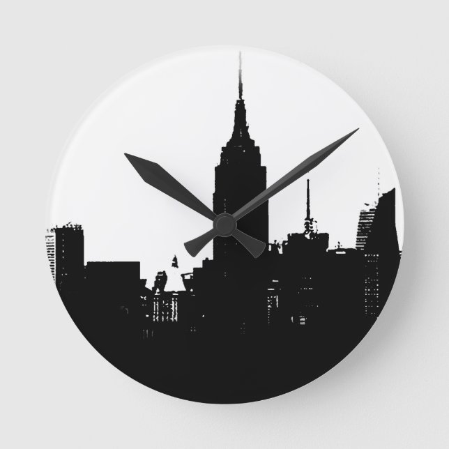 Black White New York Silhouette Rund Klocka (Framsida)