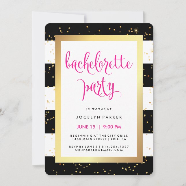 Black White och Faux Guld Bachelorette Party Inbjudningar (Framsida)