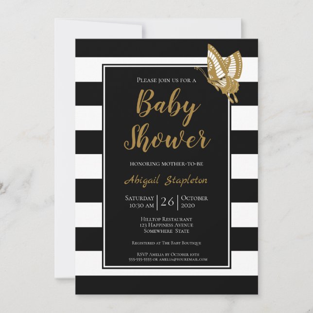 Black White och Guld Baby Shower Inbjudningar (Framsida)